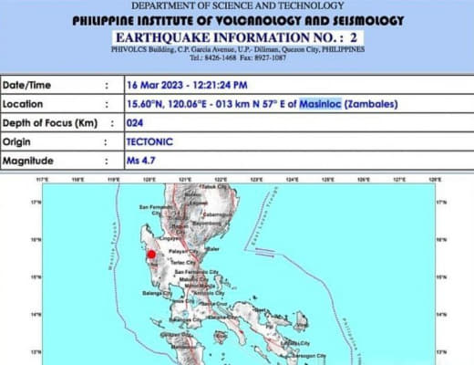 当地时间3月22日中午12点21分，菲律宾三描礼斯省(Zambales...